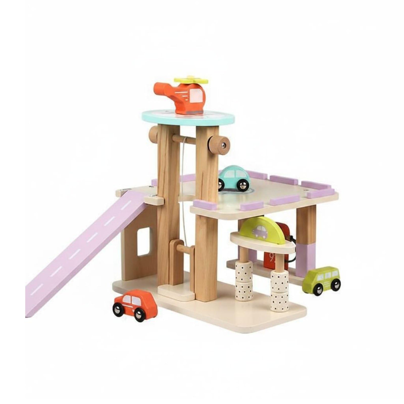 Parcheggio Bambini Gioco Garage Auto Ascensore Manuale Helipad Legno Struttura Multi Livello Adatto per Apprendimento Interattivo Coordinazione, Ylb-parcheggio