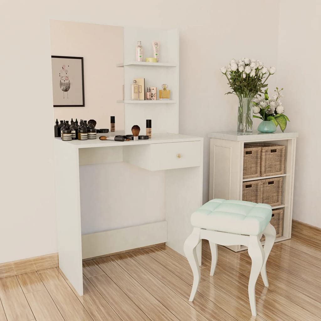 Coiffeuse Bois d’ingénierie 75x40x141 cm Blanc Mat avec Grand Miroir Tiroir Spacieux Étagères Eclairage LED pour Chambre Salle de Bain Chambre Dressing Femme Adulte Ado