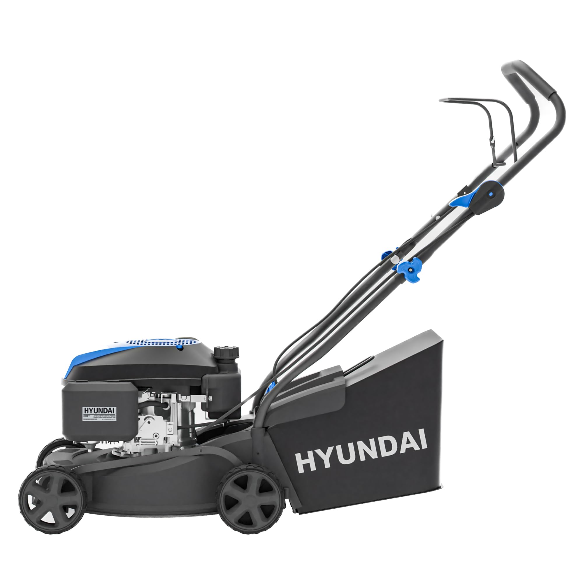Hyundai Cortacésped de Gasolina, 16 Pulgadas de Ancho de Corte de 39 cm, Motor de 131 CC, Bolsa de Recogida de 35 L y Descarga Trasera, Empuje Manual, edición Negra