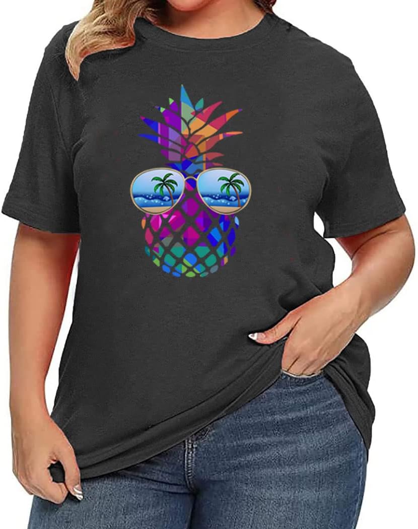 Women's Summer Plus Size Beach Vacation Printed Short Sleeve Round Neck Casual Top - Image 2