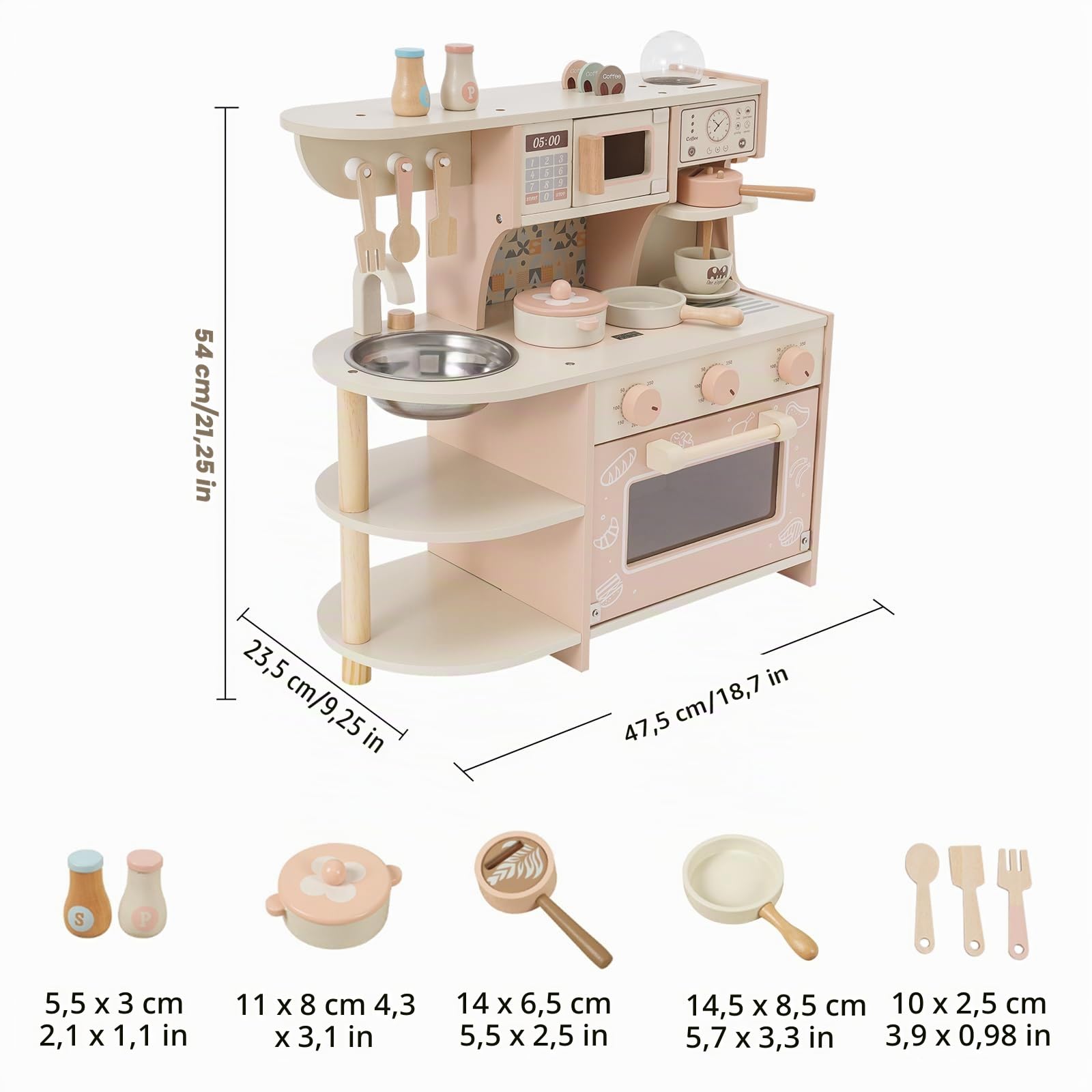 Cocina de juguete de madera para niños con estufa y cafetera, juguete de madera no tóxico, juego de rol compacto para niños pequeños juegos de rol en casa