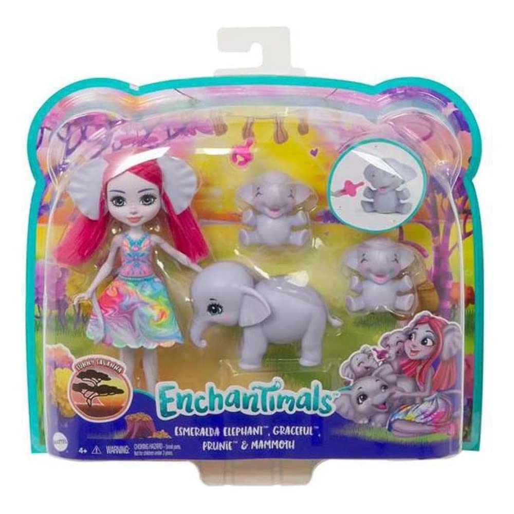 Enchantimals Sunny Savanna Muñeca Esmeralda Elephant con Familia de Elefantes Mascota de Juguete (Mattel GTM30) Multicolor
