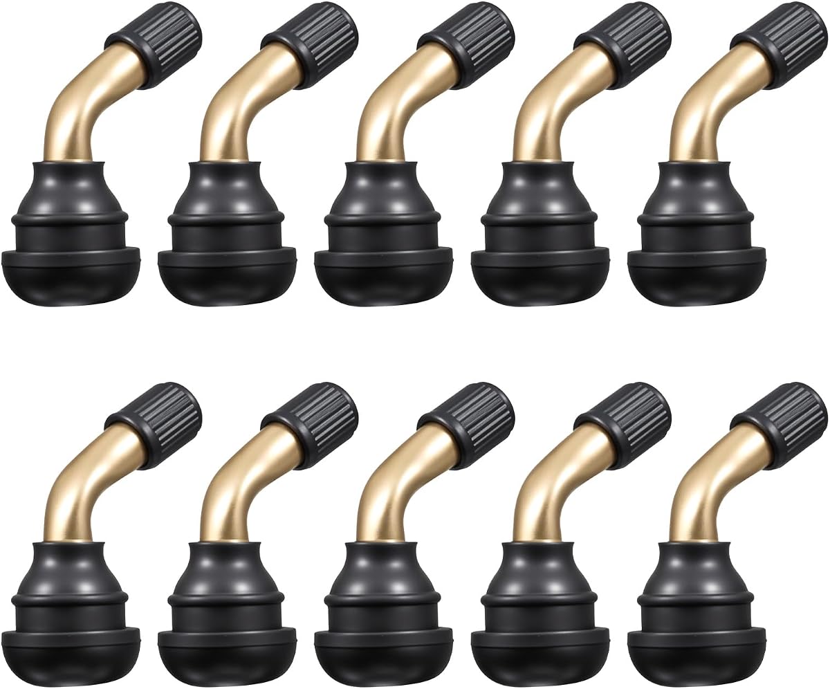 10 pcs Tubeless Tire Valve Stem PVR70 Bent 90 Degree Angled Tire Valves Stem Brass Snap-in Black Rubber Base Metal Valve Stems for Motorcycle Scooter ATV Go Kart Fits Tubeless Tire Rim