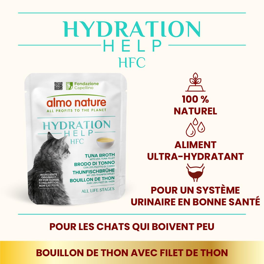 Almo Nature HFC Hydration Help, Aliment Humide pour Chats - Bouillon de Thon et Filet de Thon - Qualité Humaine, sans Gluten, Monoprotéique, 50g, Pack de 24, 1,2 kg