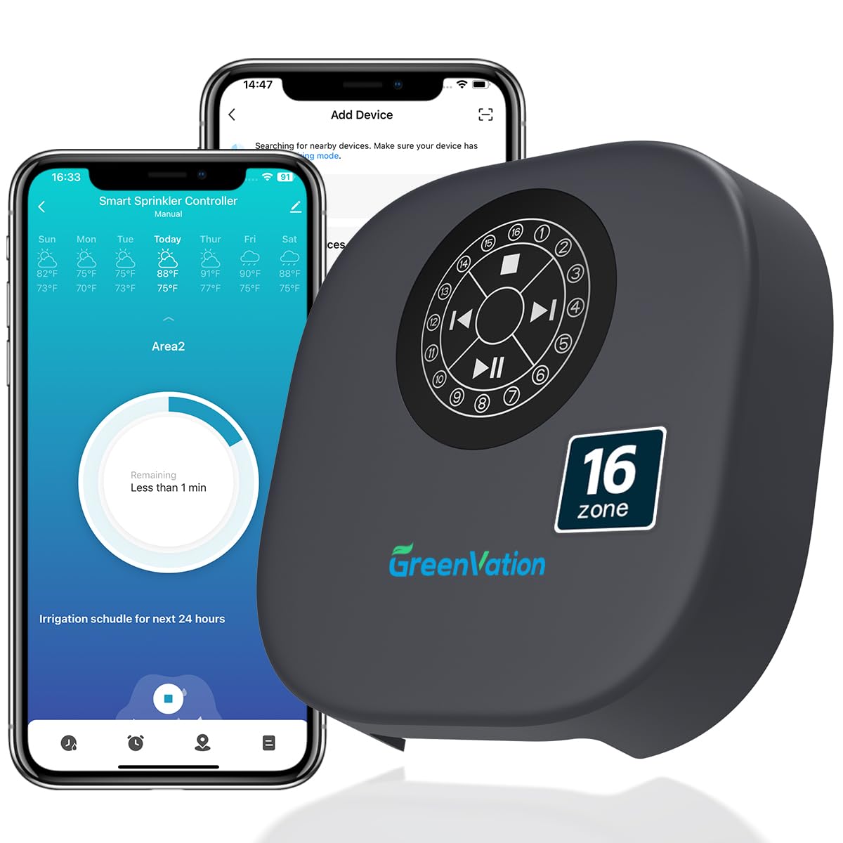 Inteligentny kontroler zraszaczy, 16-strefowy system nawadniania z pilotem do aplikacji, GreenVation 2,4 g/5 GHz, WiFi timer wody do ogrodu, podwórka, trawnika, 16 stref