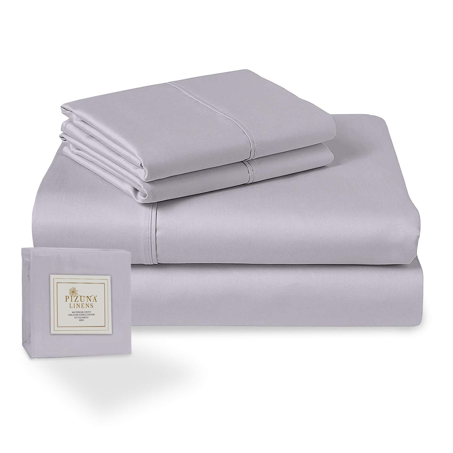 Pizuna 400 Thread Count Cotton Bed Sheet Set King Violet Grey 4 Piece, 100% Long Staple Cotton Luxurious Soft Satin King Size Bed Sheets Set includes 1 Fitted Sheet, 1 Flat Sheet and 2 Pillow Cases