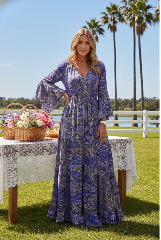 Womens Red Boho Long Sleeve Maxi Dresses Oversized Vintage Graphic Print Casual Flowy Long Dress for Fall Spring - Image 6