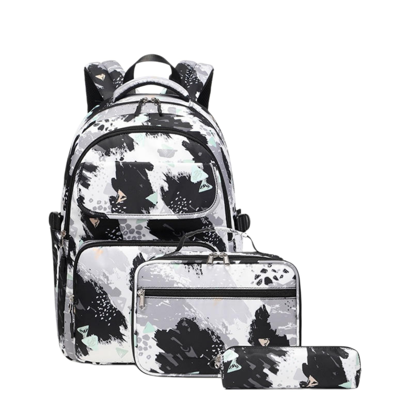Zaino da Viaggio Blu Bianco Graffiti Art 3-in-1 Set Scuola Resistente all'Acqua con Borsa Pranzo E Custodia A Matita per Gli Studenti