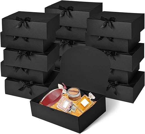 Miniatura 1 de Paquete de 12 cajas de regalo negras con tapas, caja de propuesta de padrinos de boda de 12 x 9.8 x 3.1 pulgadas, caja de regalo negra de lujo con