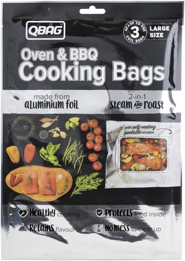 QBAG Set of 3 Large Oven & BBQ Cooking Bags - 2-in-1 Steam and Roast, Heavy Duty Aluminum Foil Grill Bags