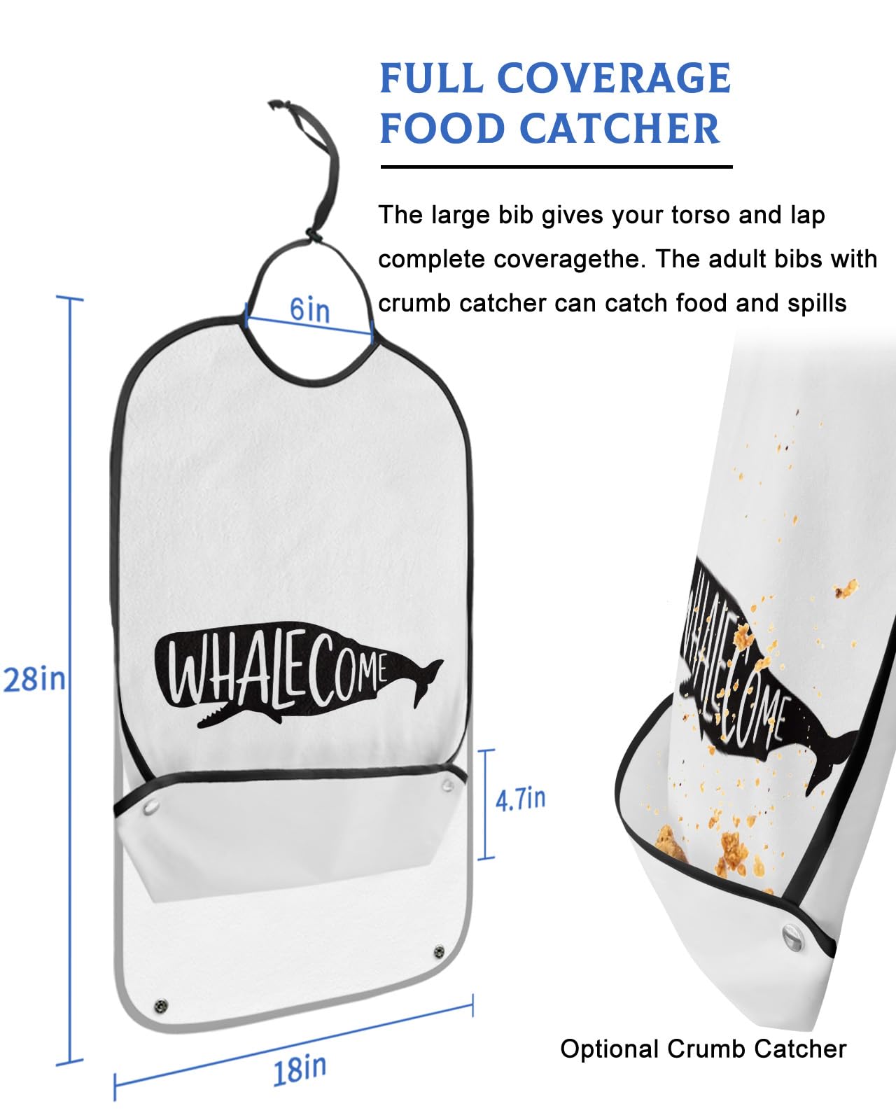 Black and White Whalecome Adult Bibs for Eating, Waterproof Bibs with Food Catcher & Adjustable Snap Closure, Marine Life Whale Silhouette Washable Clothing Protectors Adult Bibs for Elderly Women/Men