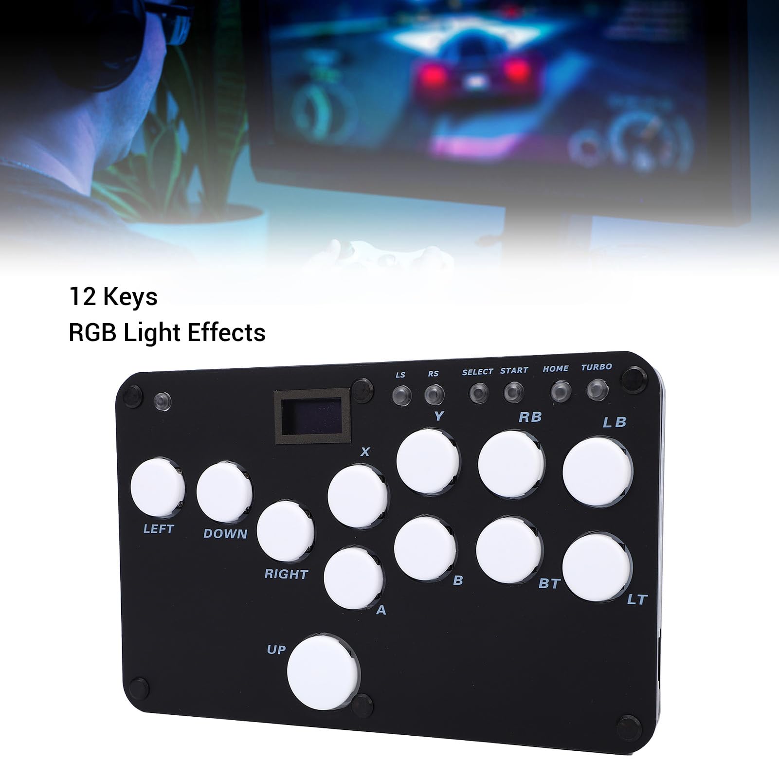 Bewinner Kontroler RGB Fighting Stick z możliwością Wymiany Podczas Pracy dla Użytkowników Konsoli i Systemu, 12 Czarnych Akrylowych Klawiszy