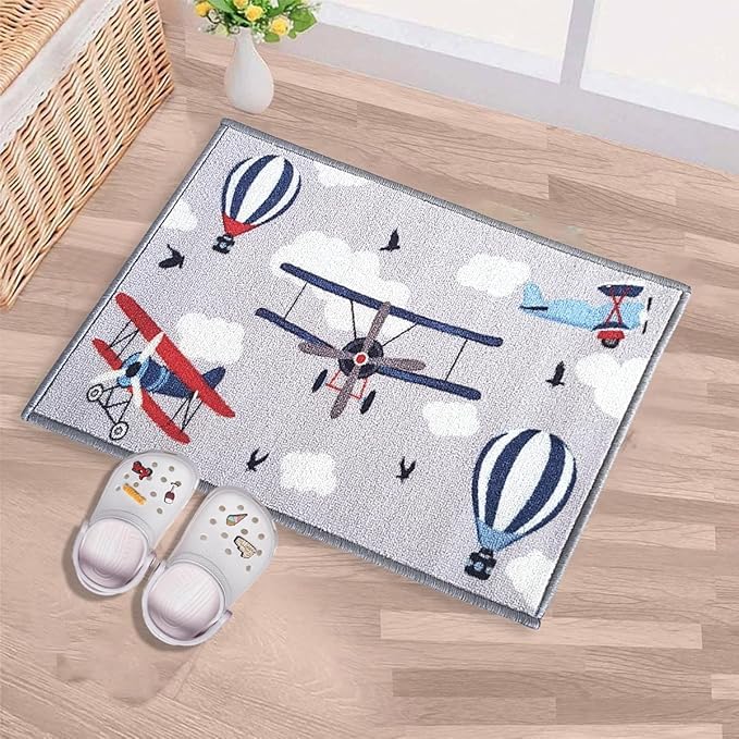 Image of Matz&More Plane Kids Floor Mat | 40x60 CM | Grey Blue | Nylon Tufted Gel Baking Anti-Slip | Home School Doormat | Children Play Room Entrance & Child Bedroom