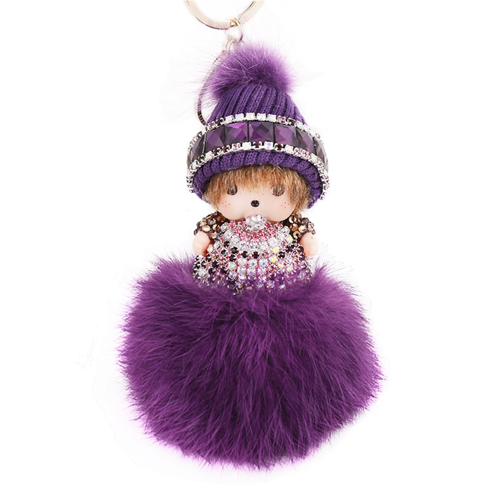 BXT Womens Kids Lovely Wool Hat Monchhichi Doll Crystal Diamond Keychain Keyrings Pearl Rhinestone Fur Ball Pompoms Key Chain for Car Keys Ring Clip with Carabiners Charm Backpack Bag Hanging Pendant