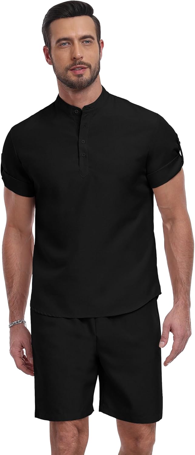 YTD Men's 2 Pieces Set Short Sleeve Henley Shirts and Shorts Texture Summer Beach Vacation Outfits - Image 2