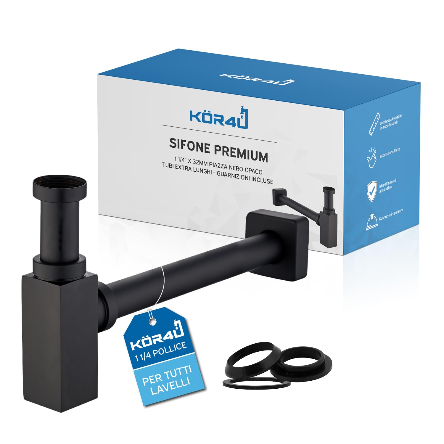 kör4u Sifone 1 1/4" x 32 mm, quadrato, nero opaco, con guarnizioni e rosetta