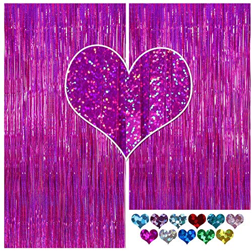 Image of Tinsel Curtain Backdrop 2 Pack 3ftx8ft,CYLMFC Foil Backdrop Curtain Photo Booth Euphoria Christmas - Rose Red