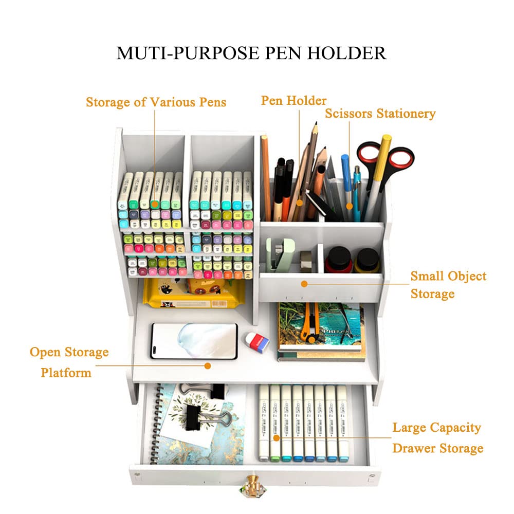 Hggzeg Schreibtisch-Organizer mit Schublade, vielseitig einsetzbar, Stifthalter, für Schreibwaren, Schreibtisch-Aufbewahrungsbox für Zuhause, Büro und Schule, PB17, Weiß