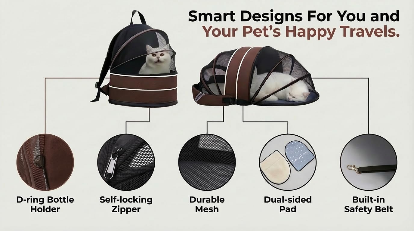 Dog Backpack Carrier for Small Dogs - Cat Carrier Backpack, Pet Tent for Indoor and Outdoor Cats, Collapsible Breathable Lightweight Cat Travel Supplies Accessorie for Shopping Travel Vet-Coffee