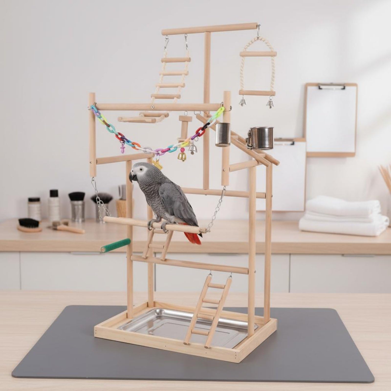 Colcolo Perchoir pour Oiseaux Support d'Entraînement Échelle Parc d'Activités en Bois Métal Plastique avec Accessoires Interactifs Convient à Détente et Exercice Quotidien Cage et Plan de Travail