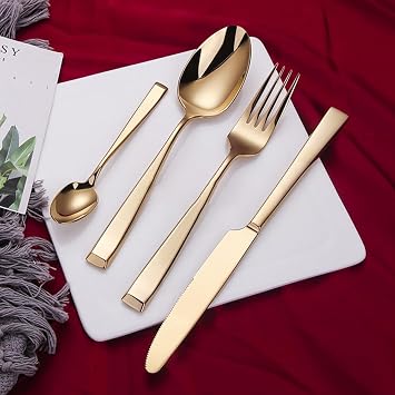 16 Piece Gold Flatware Set for 4, 18/10 Stainless Steel Modern Silverware Cutlery Set, Include Fork Knife Spoon, Mirror Finish, Dishwasher Safe 16 Pcs Service for 4