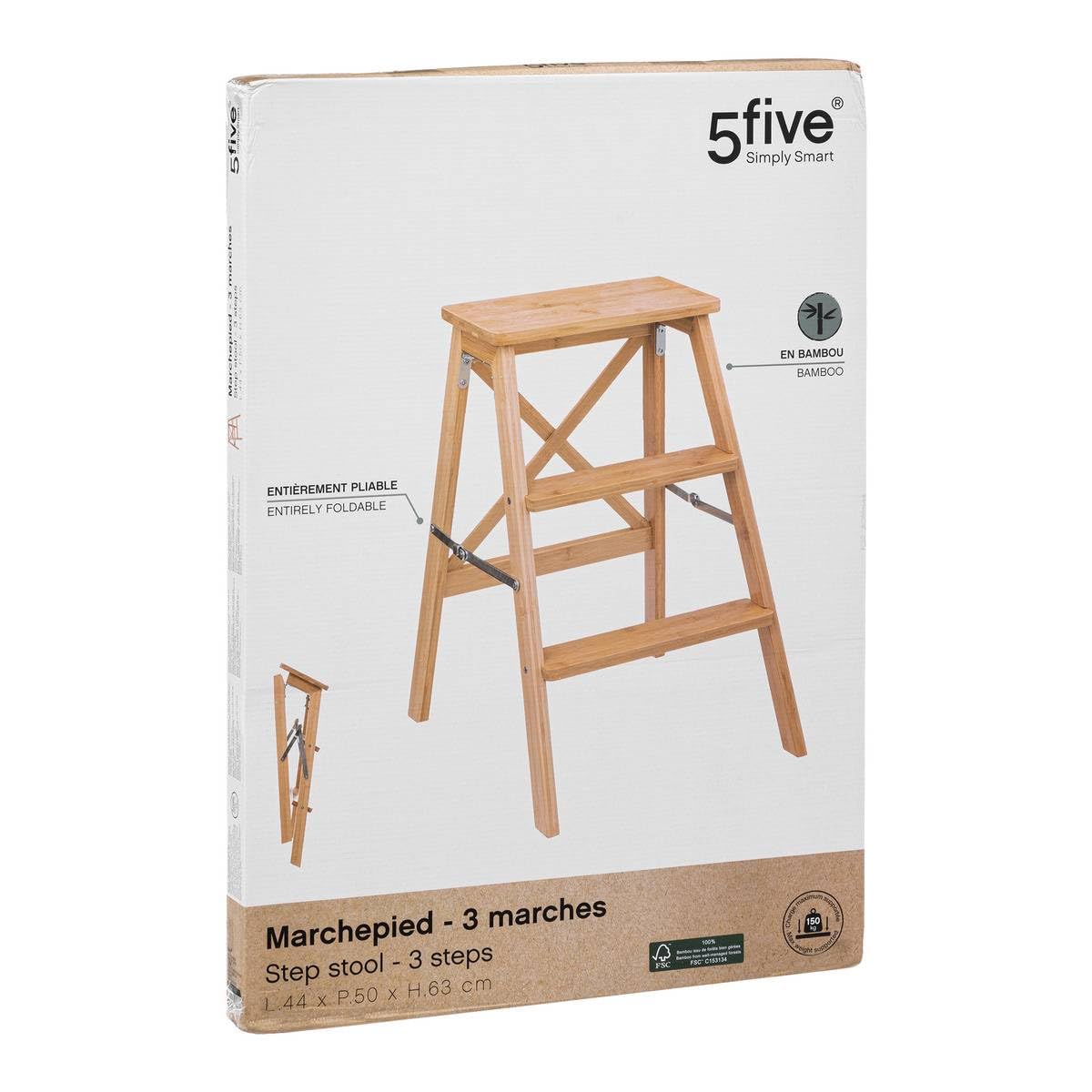 5five - Marche Pied 3 Marches en Bambou - Escabeau en Bois Pliable Multi-Usage pour Ménage Salle de Bain Décoration
