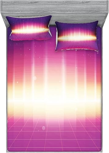 Miniatura 4 de Ambesonne Rave Fitted Sheet & Pillow Sham Set, 80s Retro Sci-Fi Background Retro Futuristic Synth Sound Wave Lines Checkered Squares, Decorative