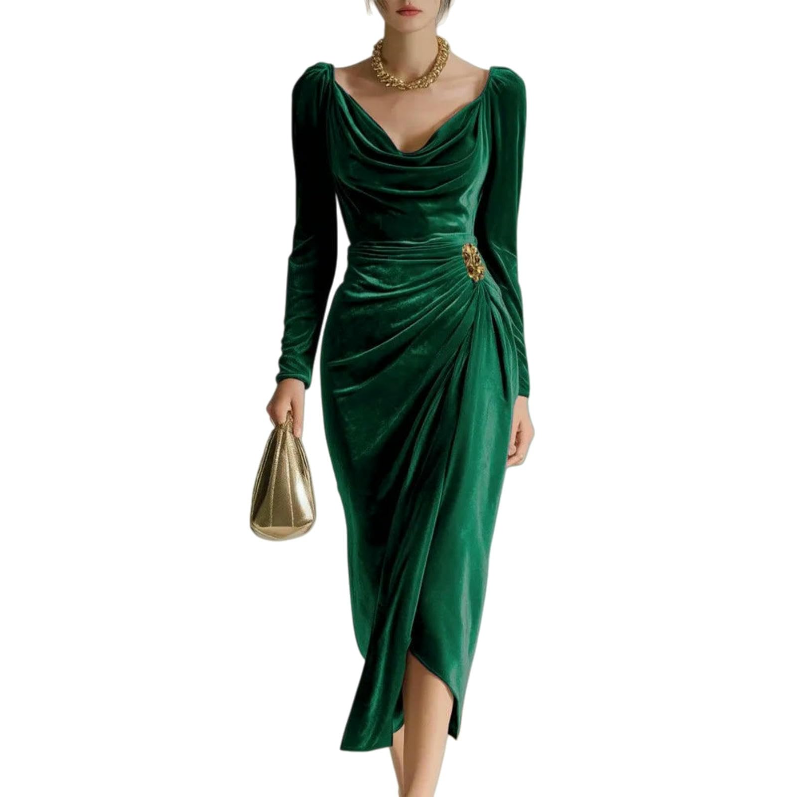 Vestito Abito Midi in Velluto A Manica Lunga, Blush Rosa Ruched Split Hem Design per La Festa Serale-Khaki-l