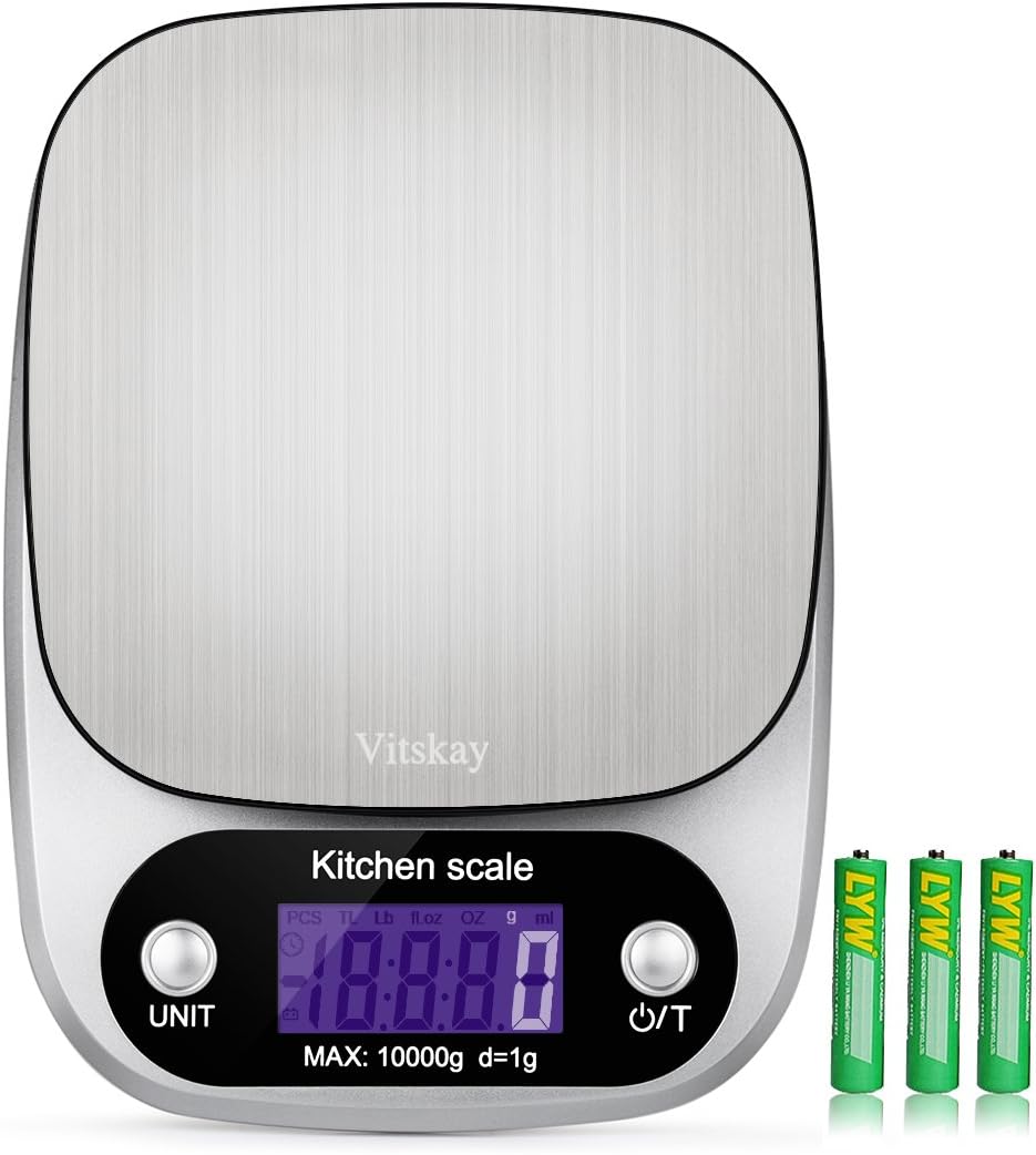 Vitskay Digital Kitchen Scale，Food Scale,Multifunction, 1g/0.002lbs to 22lbs，Stainless Steel，Back-Lit LCD Display，Silver(Batteries Included)