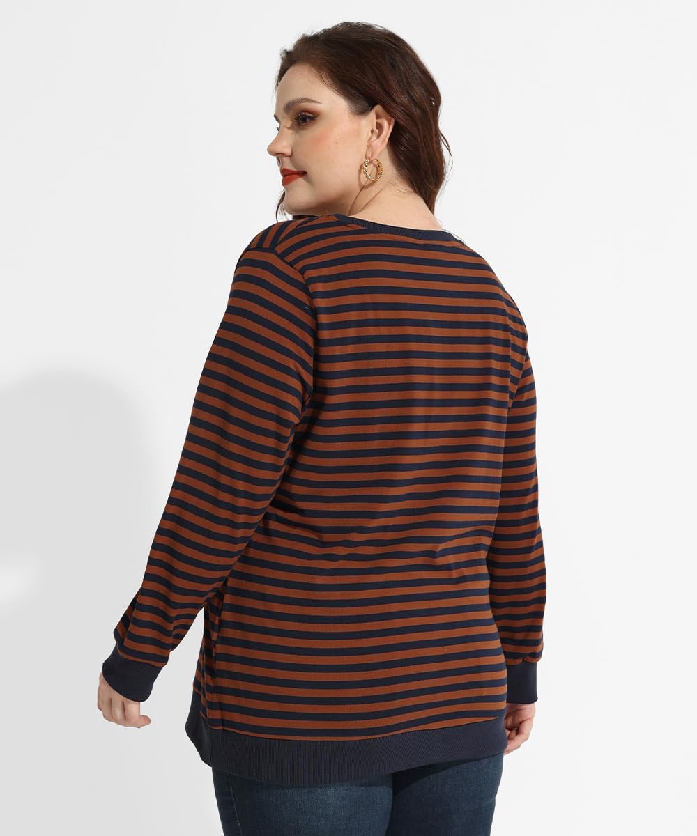 CARCOS Plus Size Tops for Women Crew Neck Striped Sweatshirt Long Sleeve Pullover Top Casual Color Block Shirts - Image 3