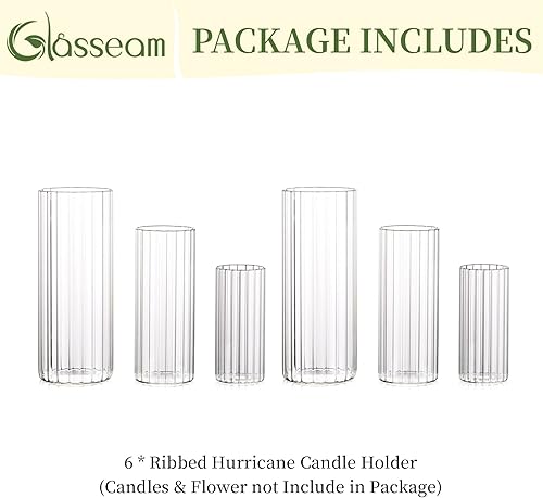 Miniatura 7 de Glasseam Portavelas de vidrio acanalado, portavelas cilíndricos para velas de pilar, juego de 6 portavelas transparentes de huracán, jarrones