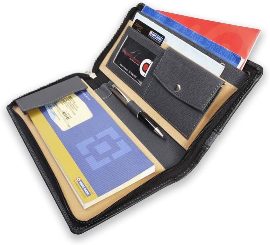 COI Premium Faux‑Leather Chequebook Holder & Document Organizer – Zip Closure, Multi‑Card + Pen Slots – Travel & Office Essentials (Black & Grey)