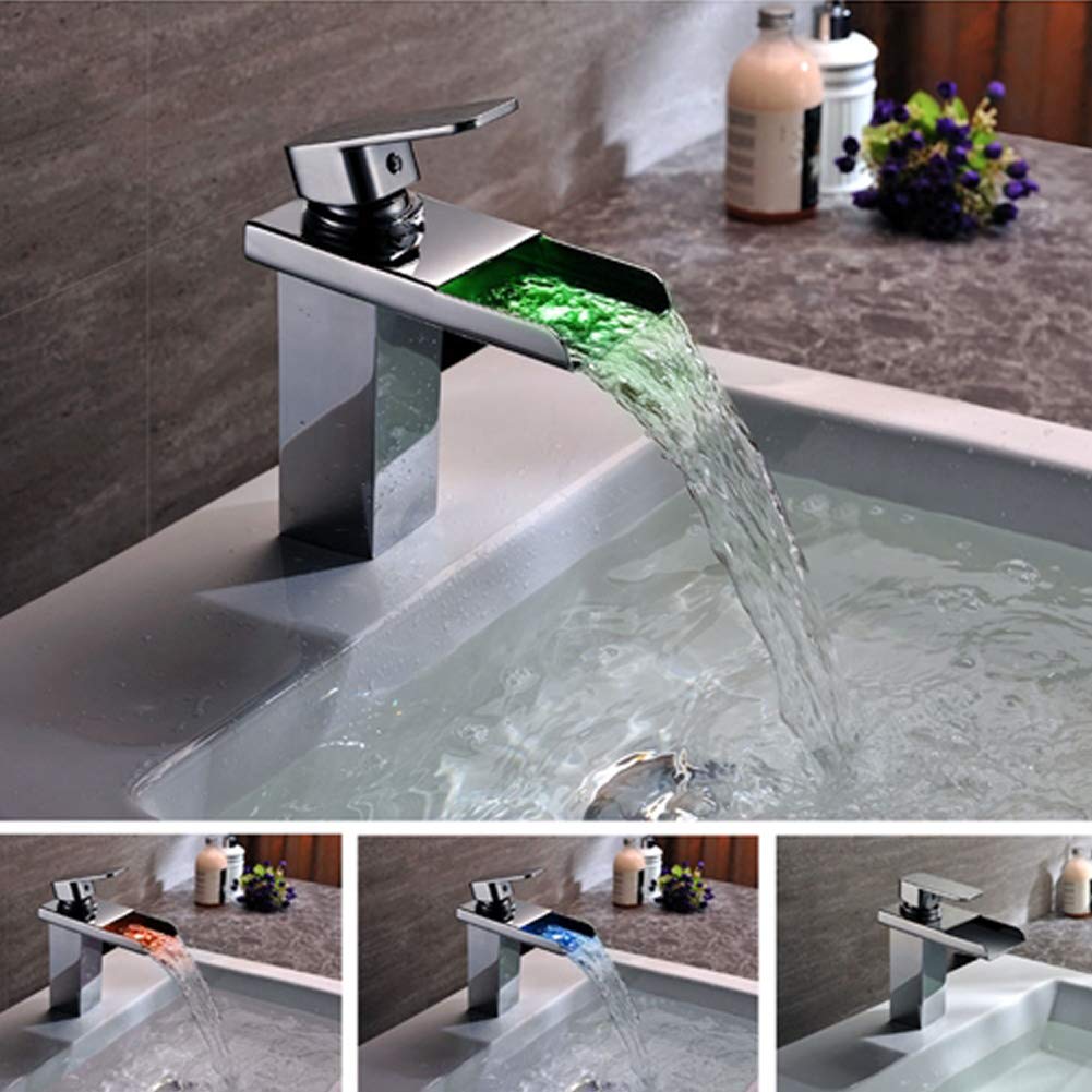 Robinet cascade LED hydroélectrique en laiton chromé pour vasque de salle de bain
