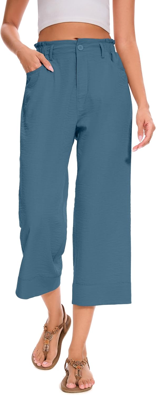 FUNYYZO Women Summer Capri Pants Trousers Pants Drawstring Waist Wide Leg Casual Loose Fit Dressy Pants
