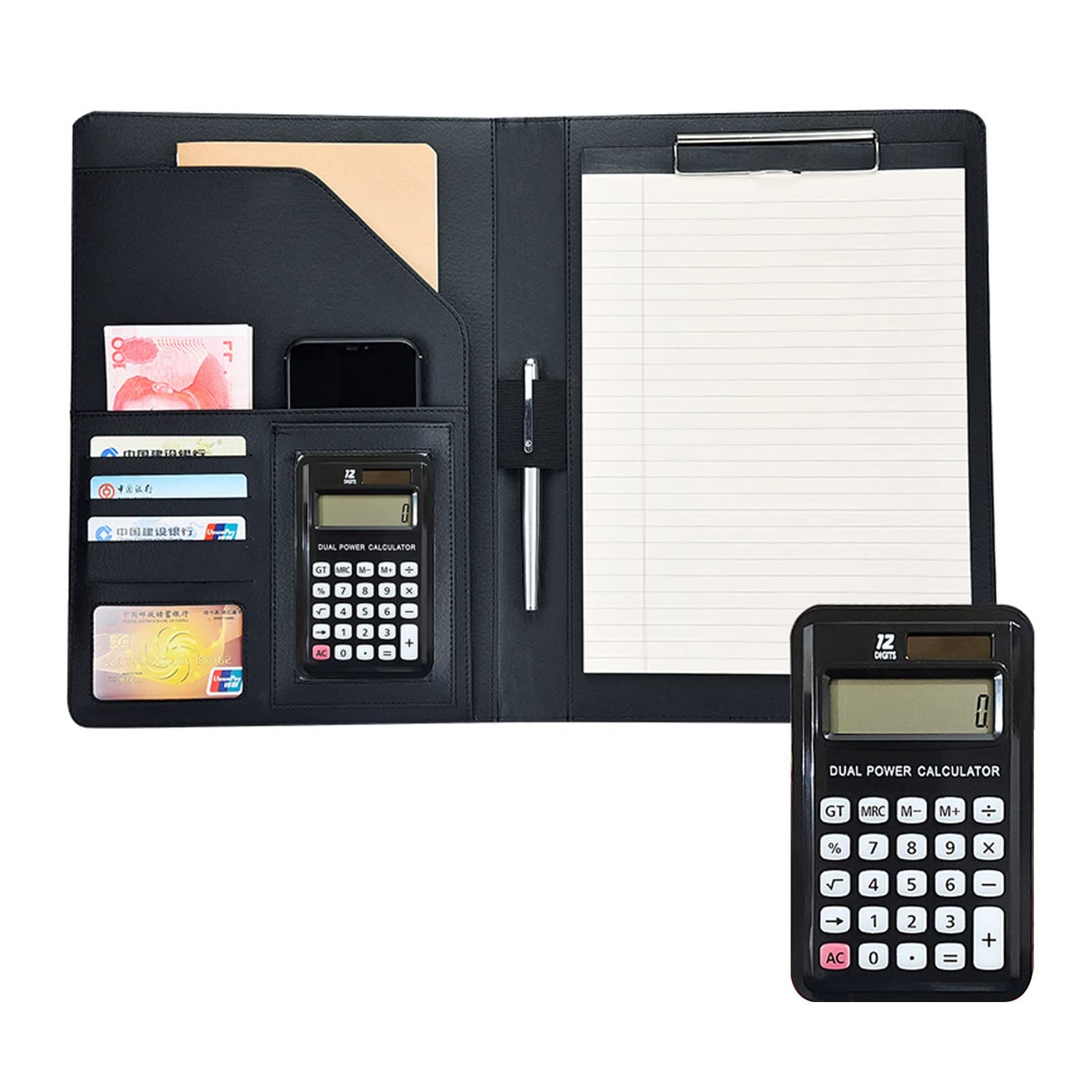 Teczka konferencyjna Organizer na dokumenty， Teczka A4 z schowkiem i miejscem do przechowywania, profesjonalna teczka na CV z notatnikiem(Svart,12digit calculator)