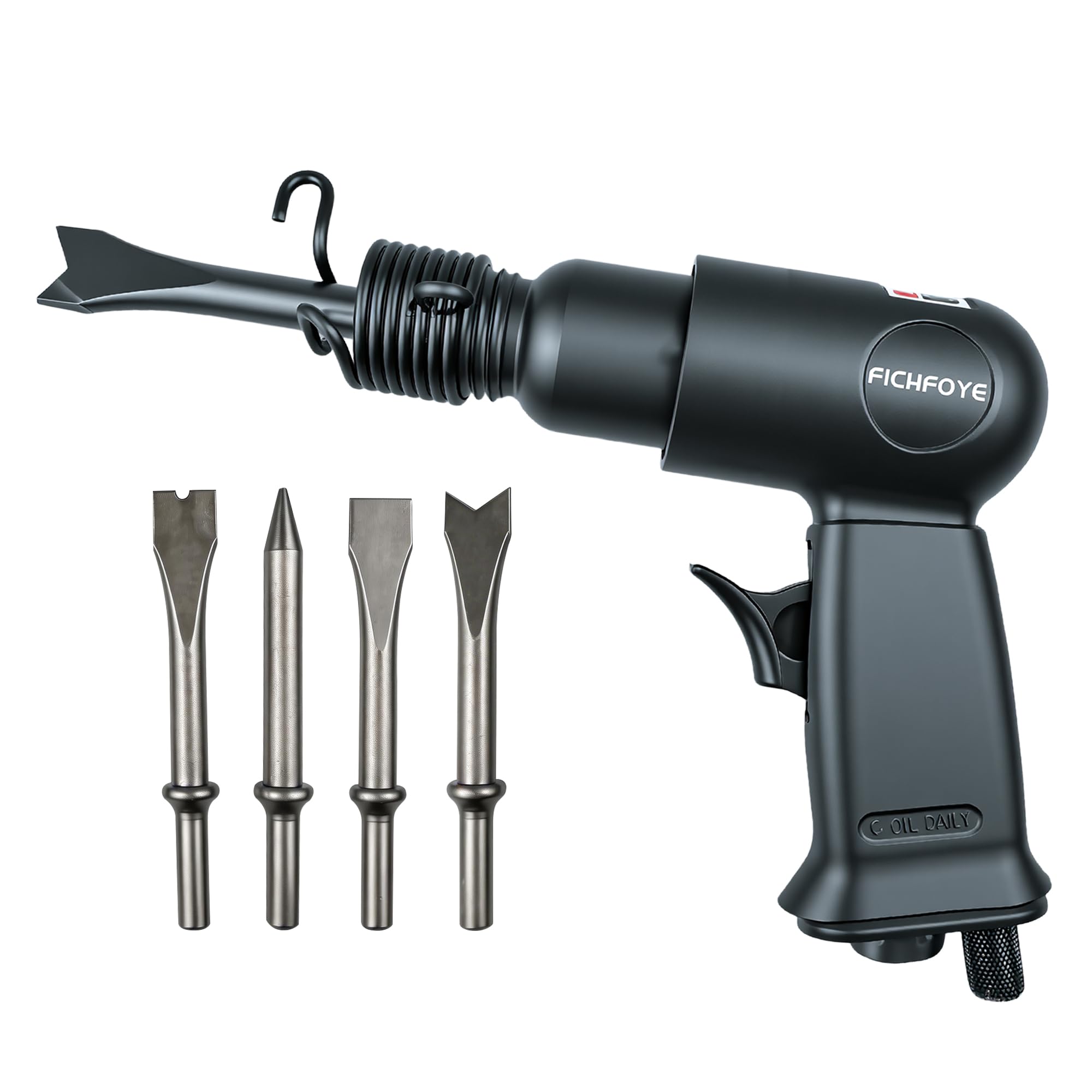 FICHFOYE Air Chisel Hammer 4500 BPM - 8.5J Professional pneumatic demolition tool with 4-piece chisel set, anti-vibration handle, alloy steel construction for automotive repair