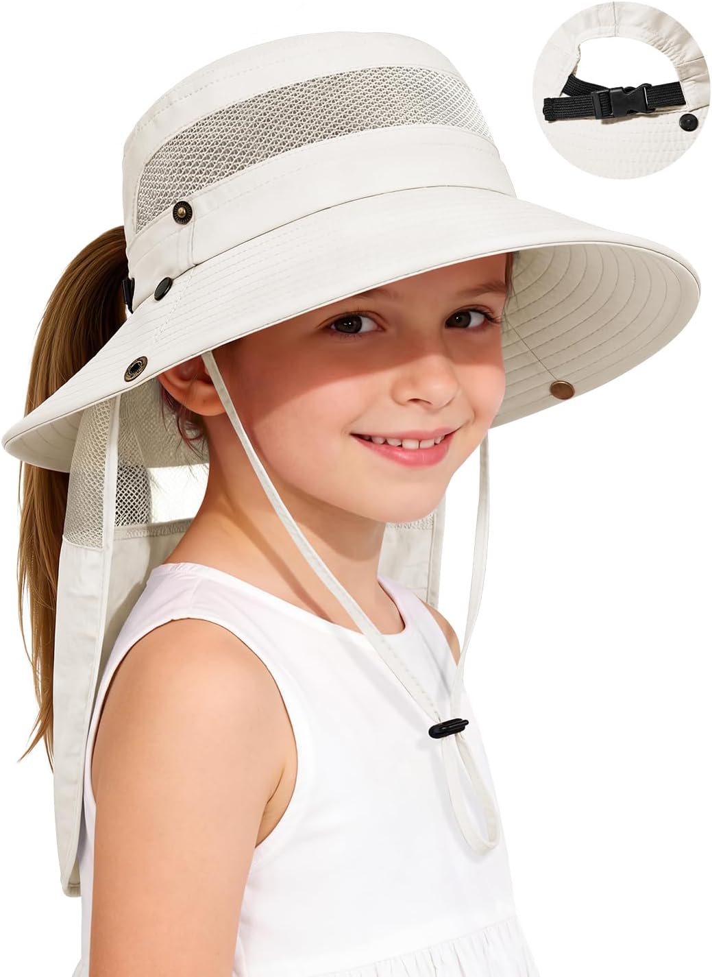 Century Star Kids Sun Hat with Ponytail Hole & Detachable Neck Flap UPF50+ Quick Dry Girls Bucket Hat for Outdoor Beach