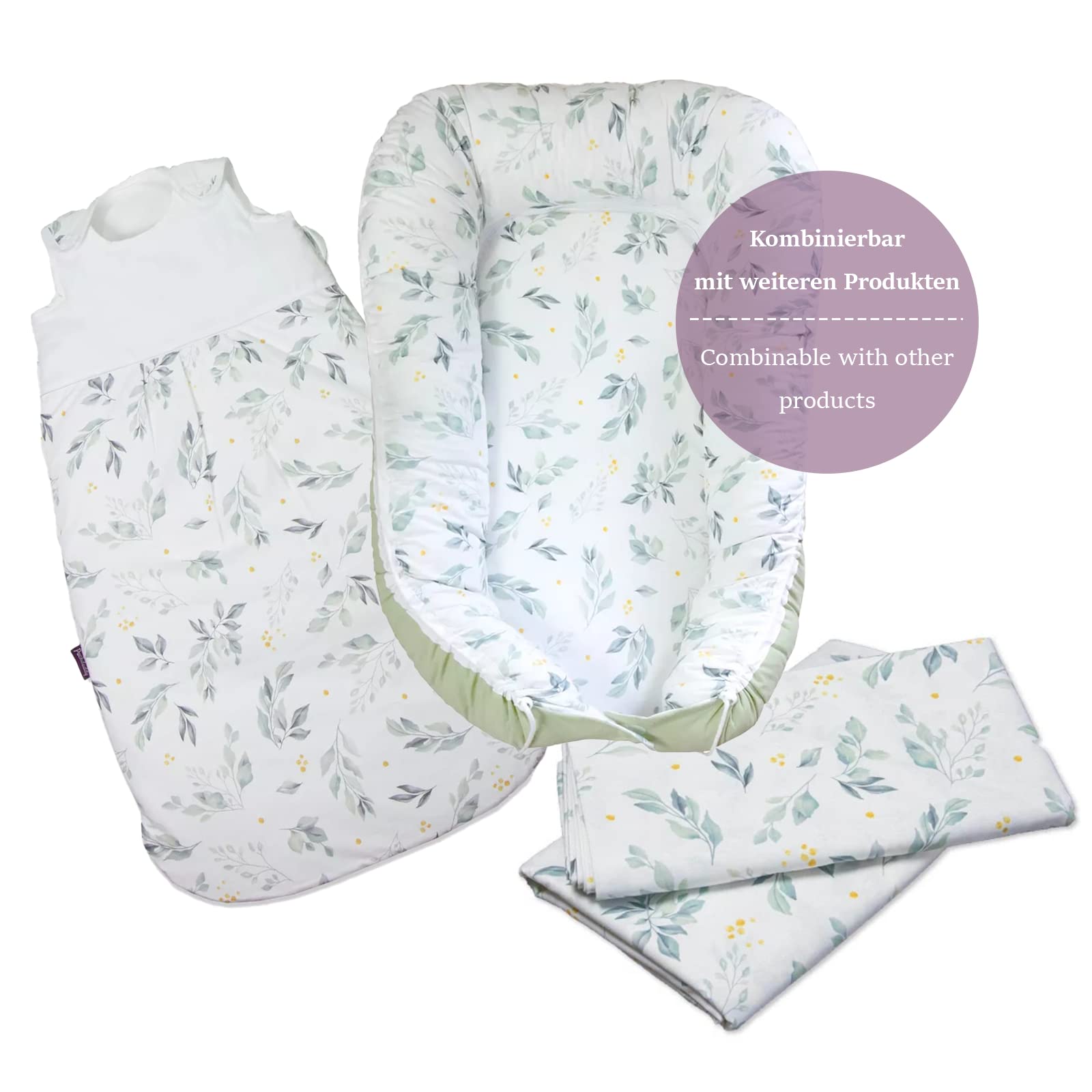 Puckdaddy Flore Tente de lit à la Maison | 146 x 298 cm | Ensemble de 2 auvents en Tissu | 100% Coton | Vert et Blanc | modèle de Branche | Rideau de lit de Haute qualité pour Chambre d'enfant