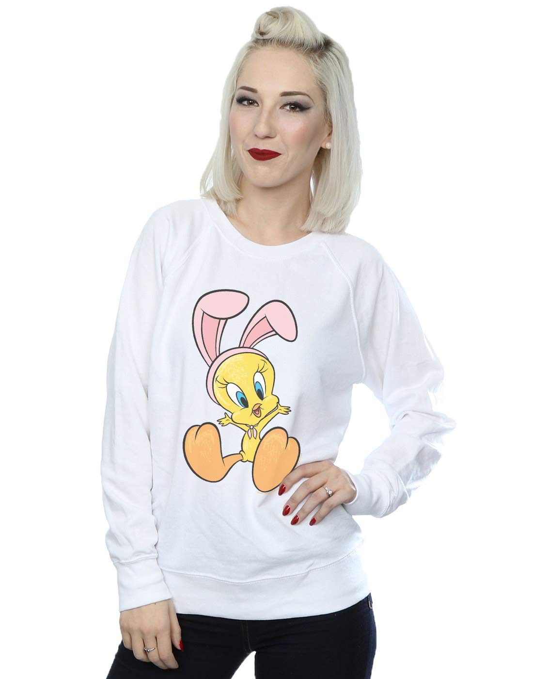 Absolute Cult Women's White Looney Tunes Tweety Pie Bunny Ears Sweatshirt Small