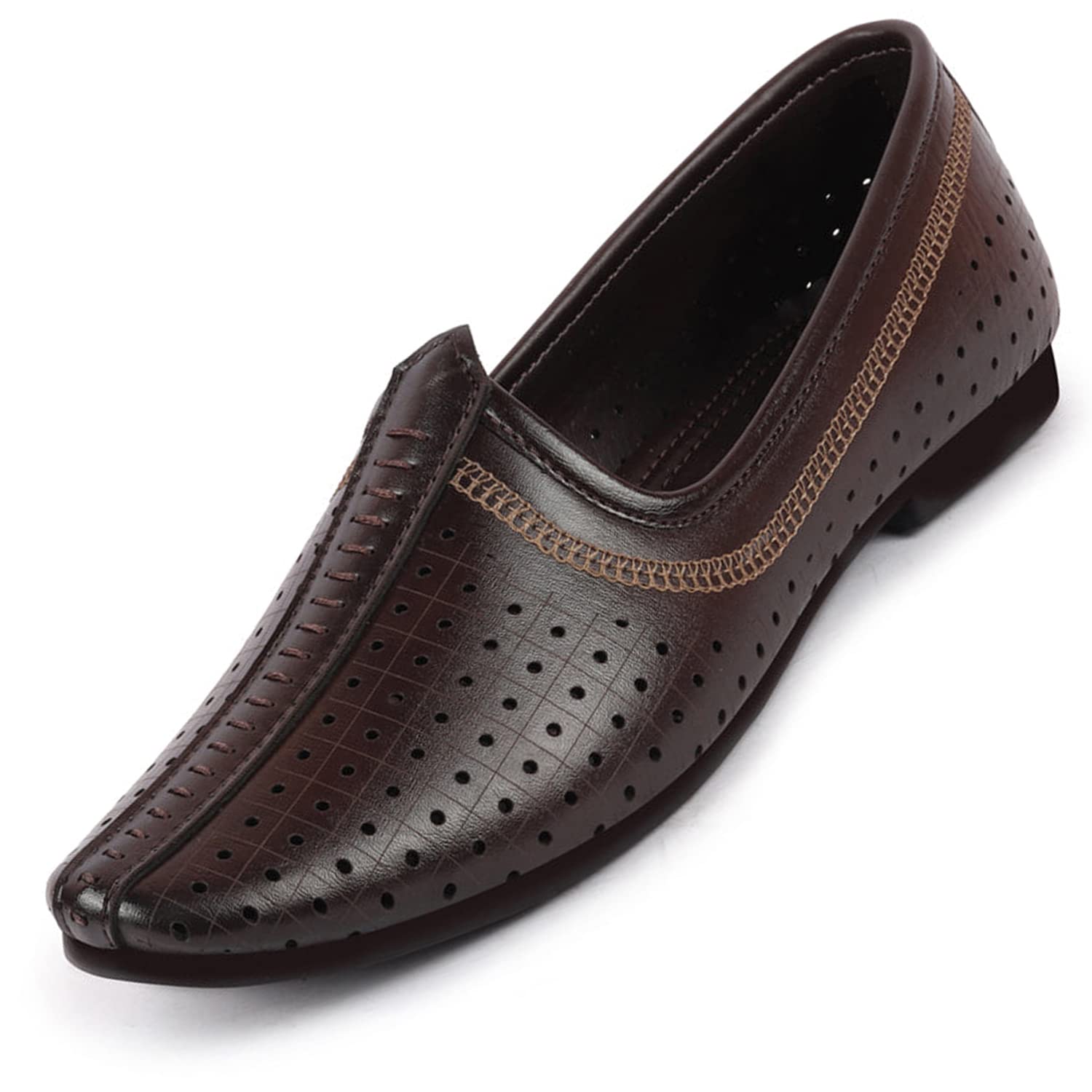 FAUSTOFST FOSME-2042 BROWN-41 Men's Brown Laser Cut Stitched Ethnic Party Slip On Juttis and Mojaris (7 UK)