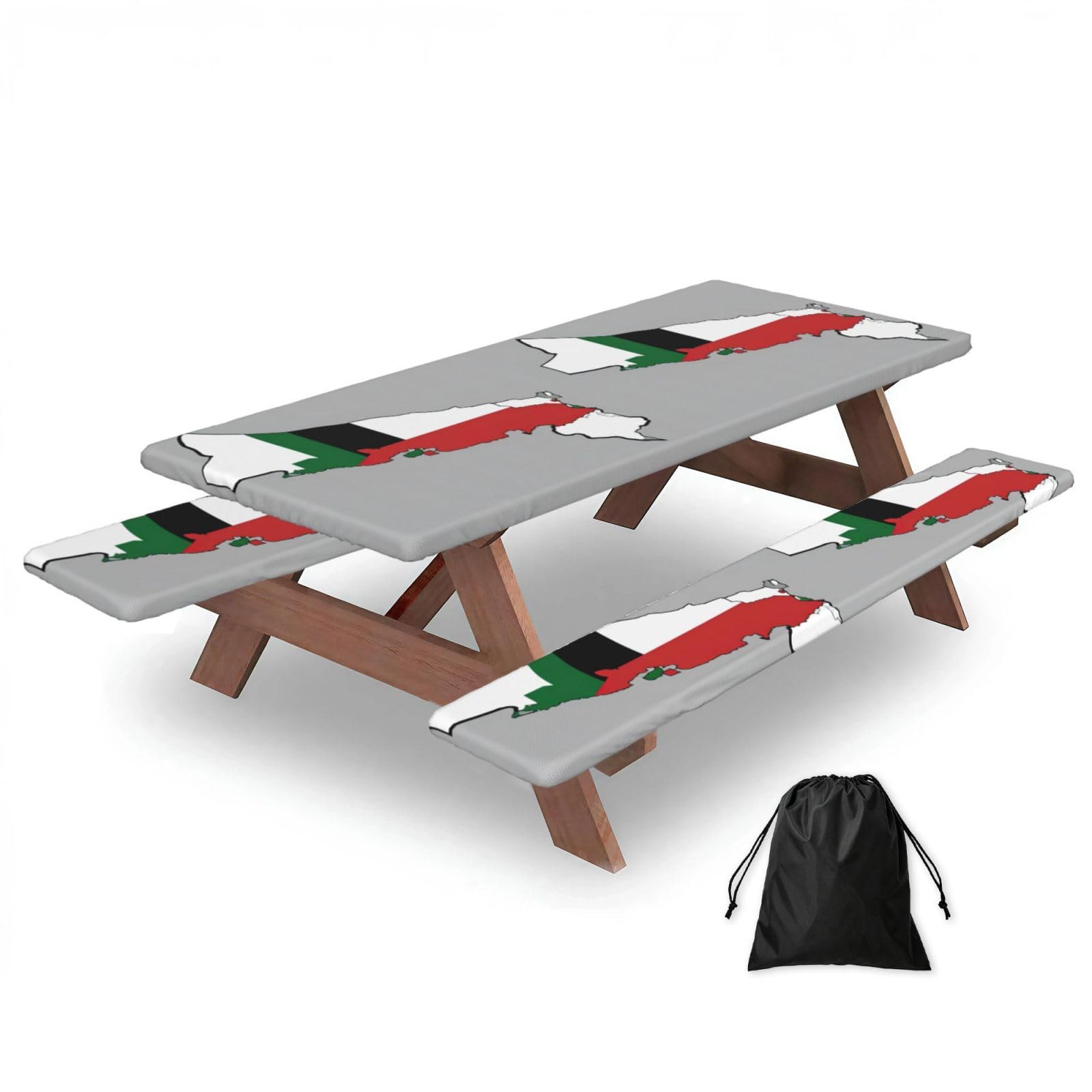 Duwaa Black State Of Palestine Flag Map 03 Print 183Cm Picnic Table Cover With Bench Covers, Waterproof Elastic Tablecloth Set For Outdoor