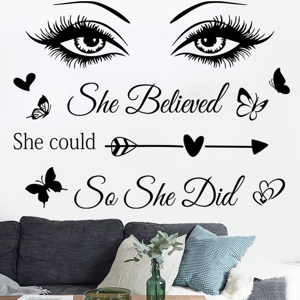 Motivational Saying Vinyl Wall Decals Eyelash Eyes Inspirational Quotes She Believed She Could So She Did Wall Decal Butterfly Wall Stickers for Bedroom Living Room Classroom Office Girl Room Home