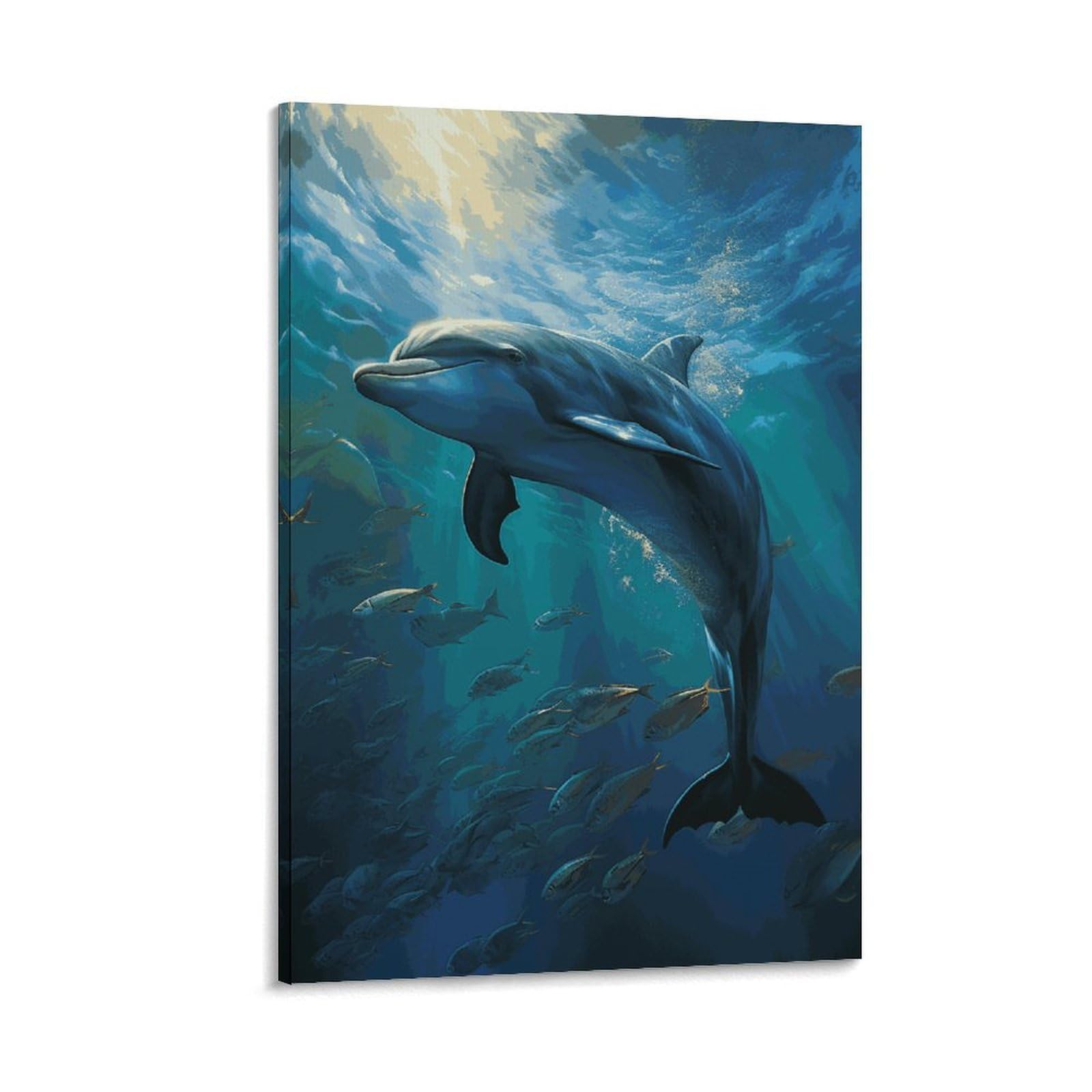 Canvas Wall Art for Living Room 16"x24" Modern Artwork Painting Pictures Hanging Canvas Prints Dolphin in The Deep Ocean Aesthetic Wall Art for Bedroom Bathroom Office Wall Art Print Decor Dolphin in