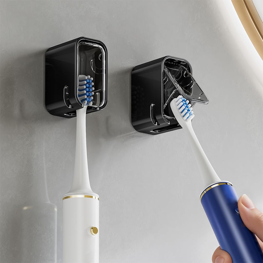 HASTHIP® 2pcs Wall Toothbrush Holder Dustproof Toothbrush Storage Holder Self-Adhesive Modern Compact Bathroom Wall Mount Tooth Brush Drain Holder with Clear Window-image-24
