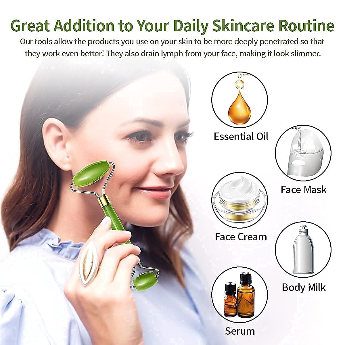 MANTHUMI Facial Massager Jade Roller | Gua Sha Tool 100% Natural Stone for Face Neck Healing Skin Wrinkles | Face Eye Neck Foot Manual Massage For Women 3