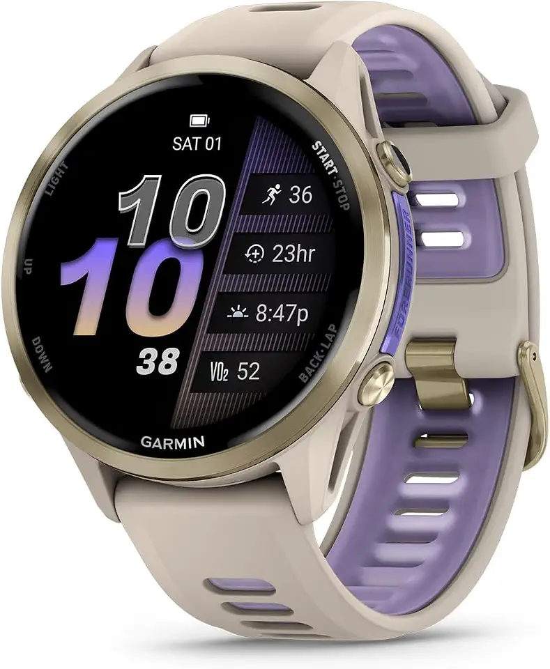 Garmin Forerunner 970, Smartwatch, AMOLED Display, Built-in LED Flashlight, Soft Gold Titanium with French Gray Case and French Gray/Translucent Indigo Band