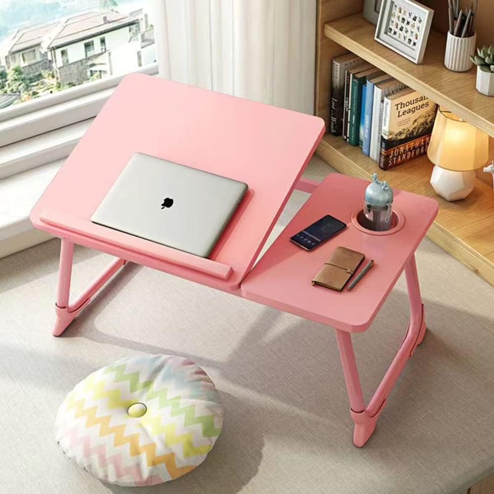 Bed Desk, Foldable Laptop Desk, Adjustable Height Tilt Lap Desk, Stand Non-slip Tablet PC with Cup Holder Laptop Work Reading Study Eating Computer Desk Sofa Sofa Table Folding (Pink)