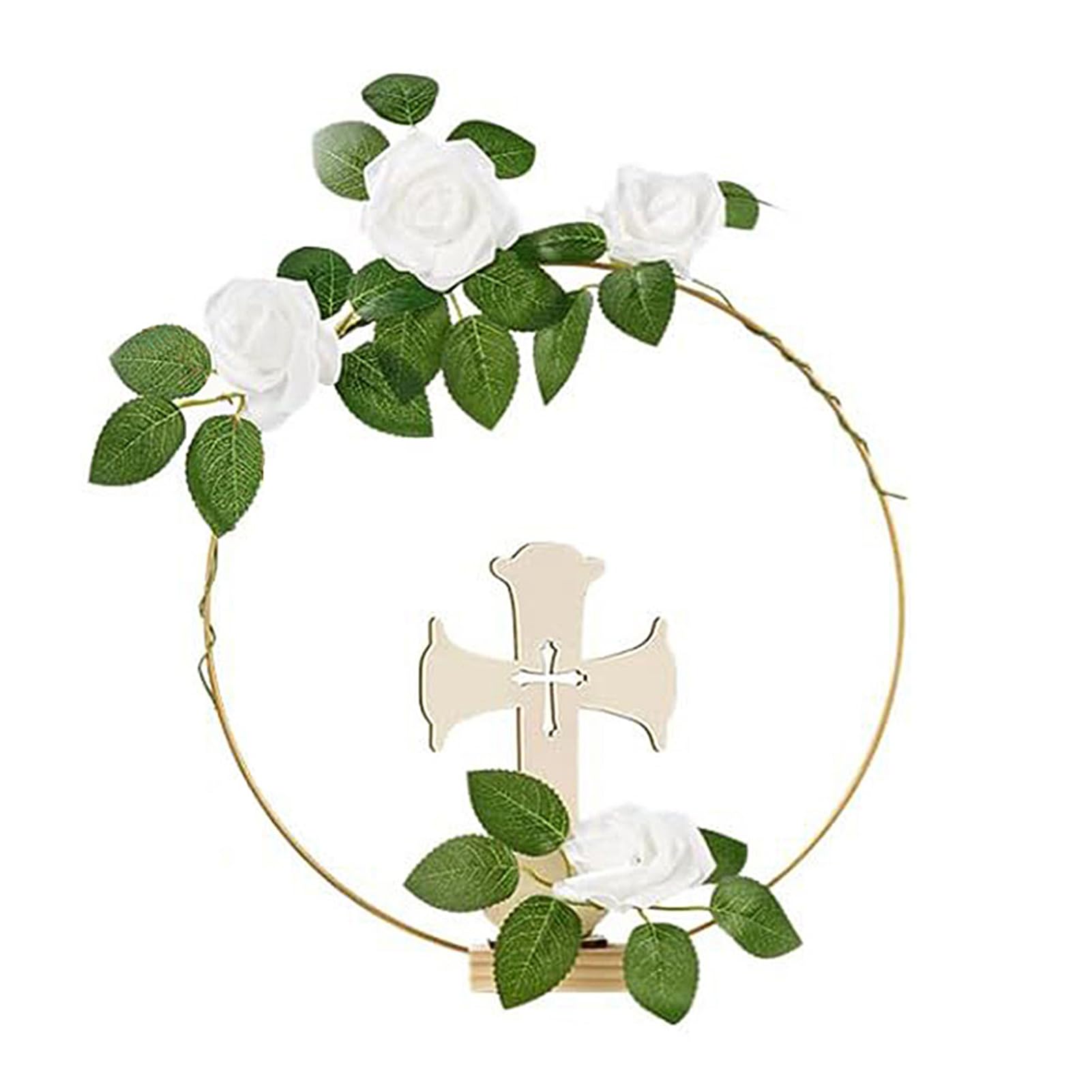 Wesiti Set 48 Pezzi Centrotavola Per Battesimo Con Croci In Legno, Cerchi Floreali In Metallo, Rose In Schiuma E Supporti - Decorazione Tavolo Fai Da Te
