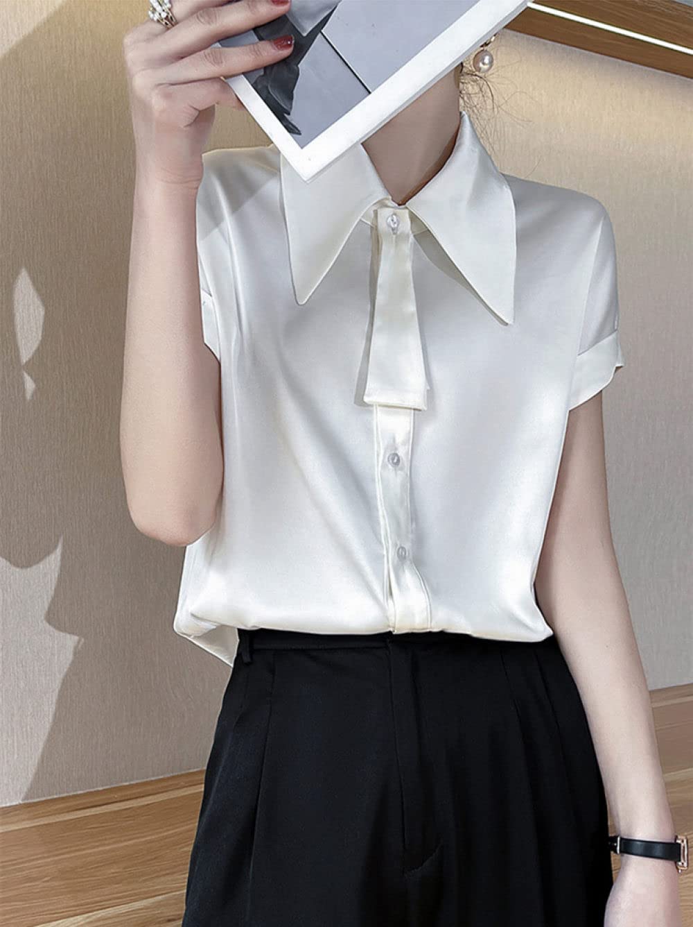 Camicia Donna,Camicette Estive Da Donna Casual In Raso Di Seta Bianco Tinta Unita Colletto A Punta Papillon Camicia Alla Moda Top Arrotolato Manica Corta Abbottonatura Magliette Larghe Per Vacanze I
