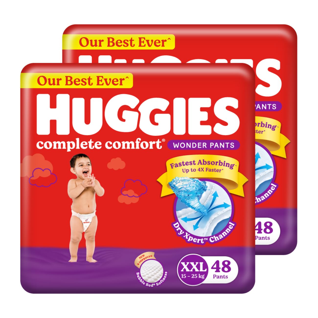Huggies Complete Comfort Wonder Pants | Pant Style Baby Diapers XXL Size, 96 Count | India's Fastest Absorbing Diaper, Patented Dry Xpert Channel, Ideal for 15 to 25 Kgs 1